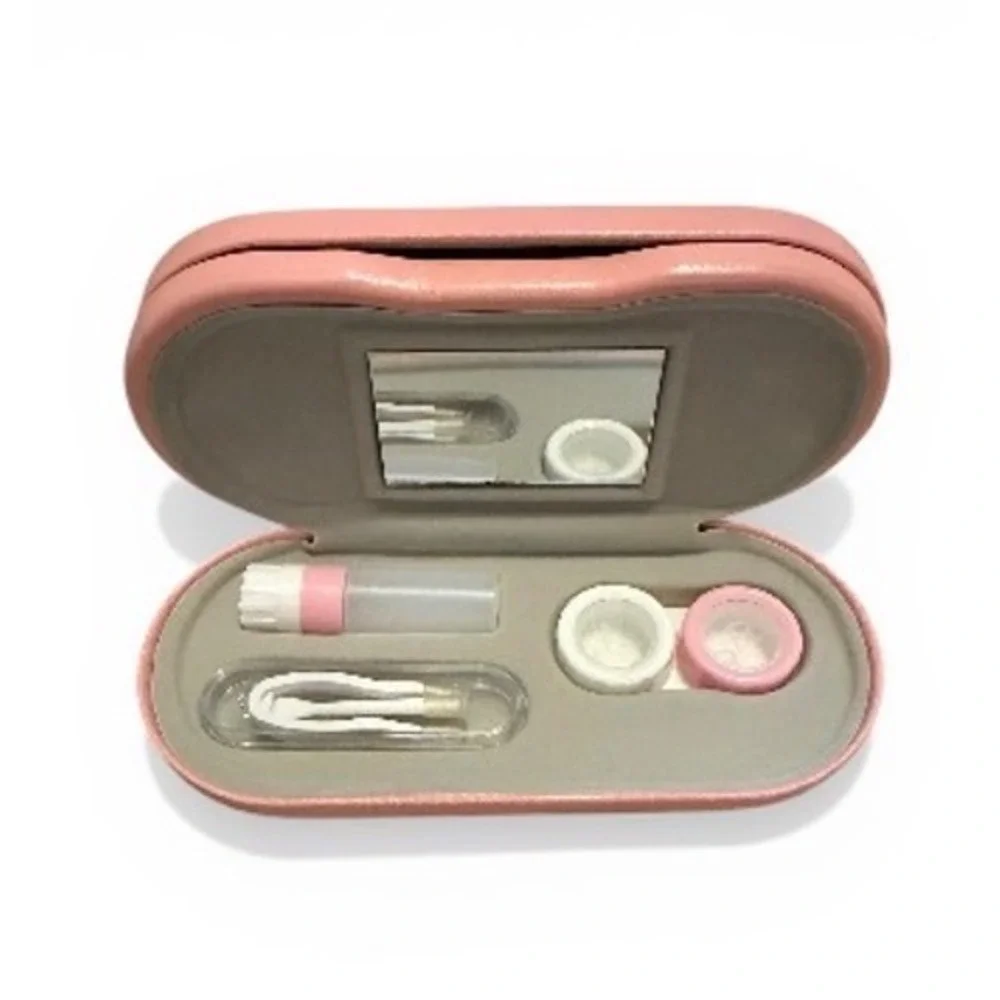 Pink 2-in-1 Dual Eyeglass and Contact Lens Case Travel Kit with Mirror and Tools